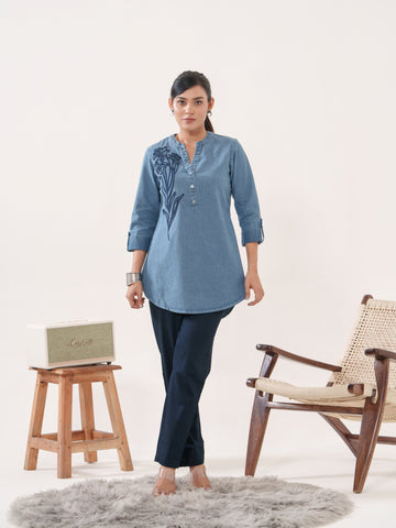 Indigo Embossed Embroidered Top