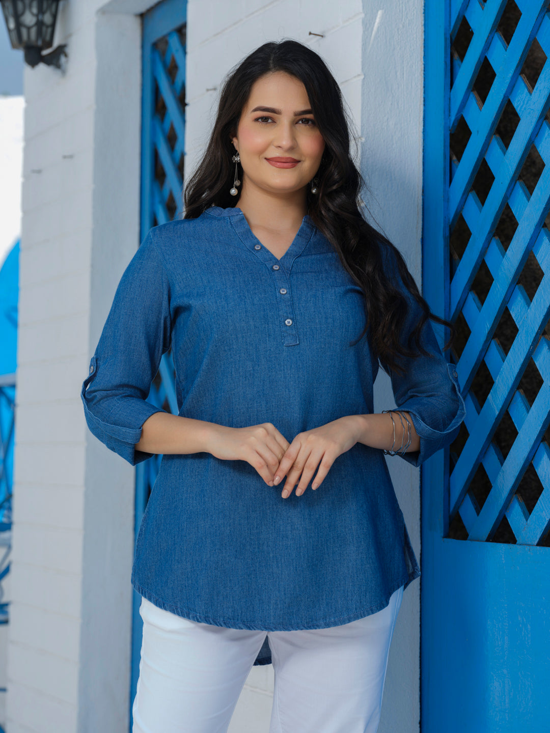 Classic Plain Cotton Indigo Twill Denim Top