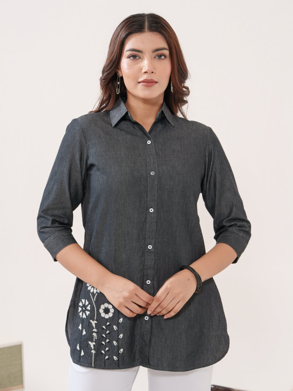 Elegant Fusion Indigo Denim Top - Etiquette Apparel 