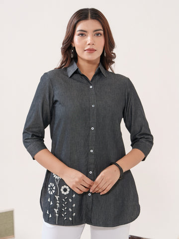 Elegant Fusion Indigo Denim Top - Etiquette Apparel 