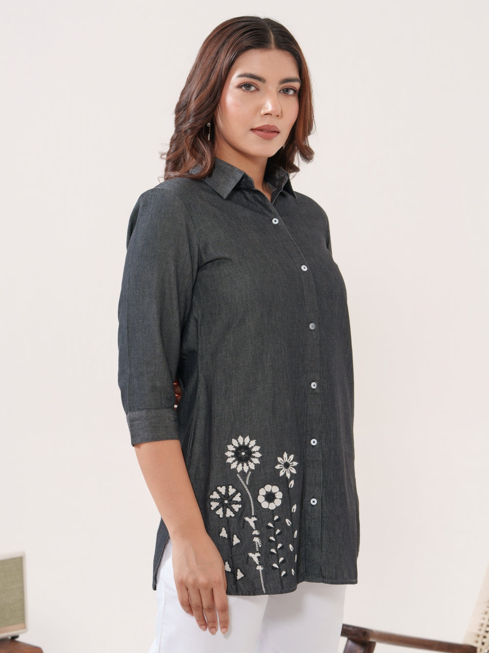 Elegant Fusion Indigo Denim Top - Etiquette Apparel 