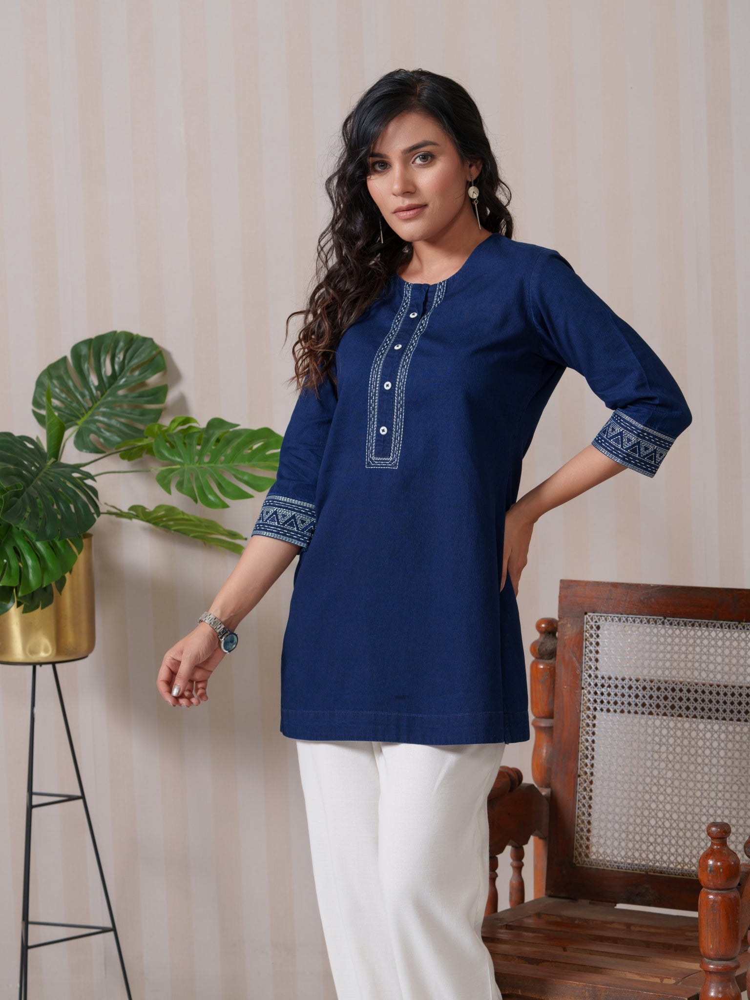 Cord Indigo Top With Kantha Style Thread Work