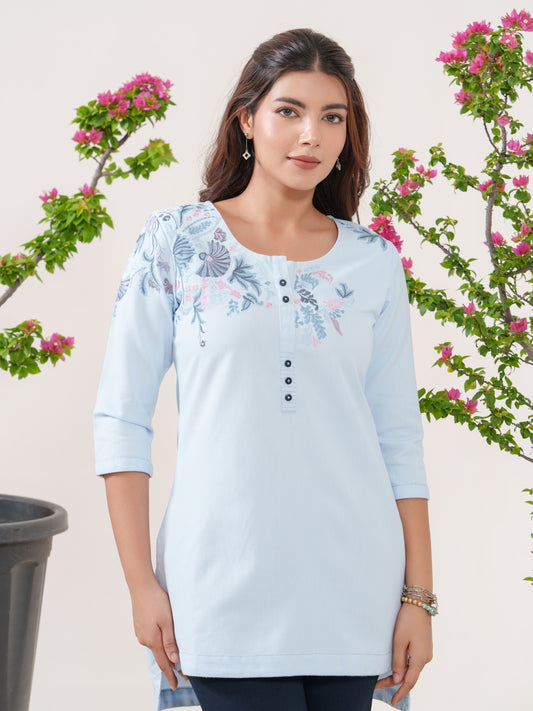 Up Down Hem Top with Multi Colored Embroidery - Etiquette Apparel