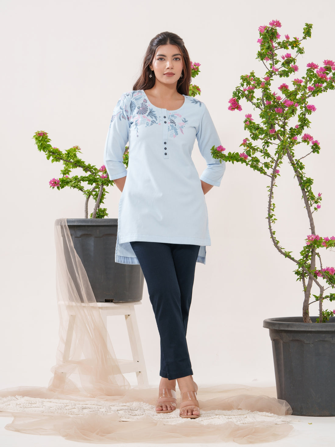 Up Down Hem Top with Multi Colored Embroidery - Etiquette Apparel 