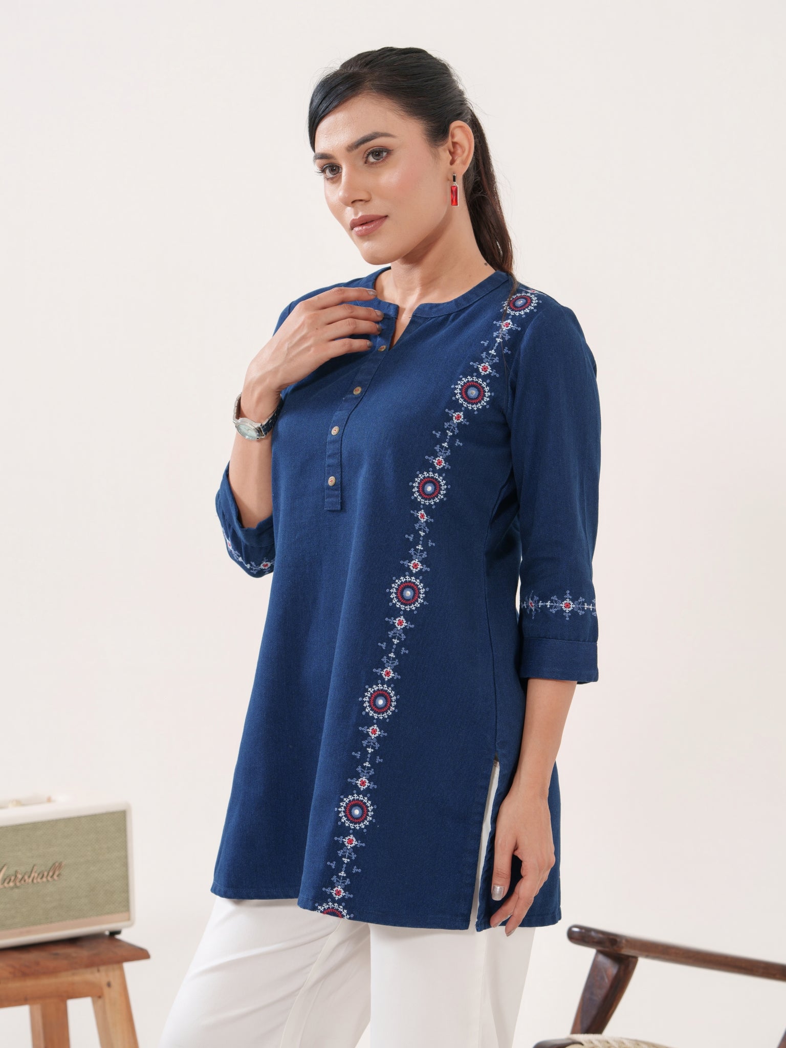 Sindhi Taka Side Embroidery Denim Indigo Top - Etiquette Apparel 