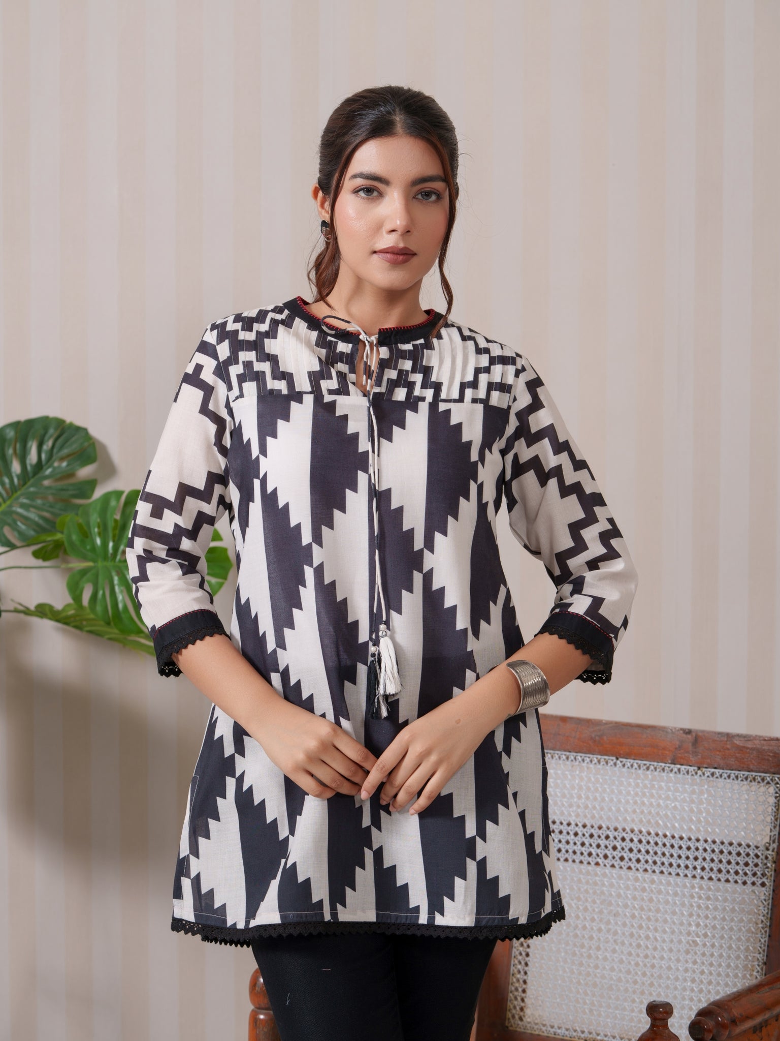 Mix-Match Quirky Top with Geometric Prints & Lace Pleats - Etiquette Apparel 