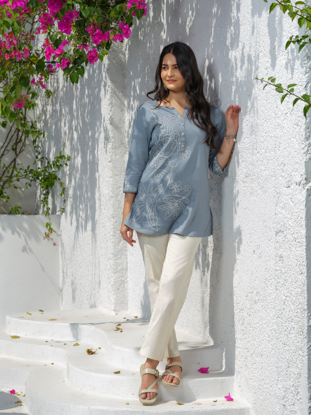 Wool Embroidered Grey Short Top - Etiquette Apparel 