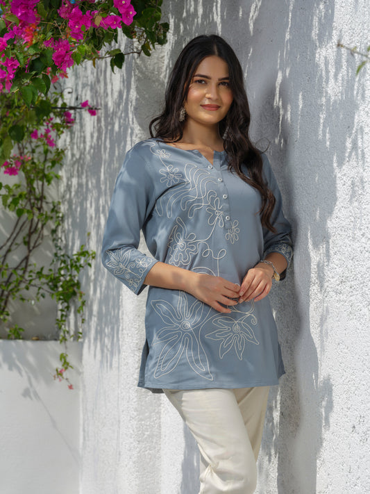 Wool Embroidered Grey Short Top - Etiquette Apparel