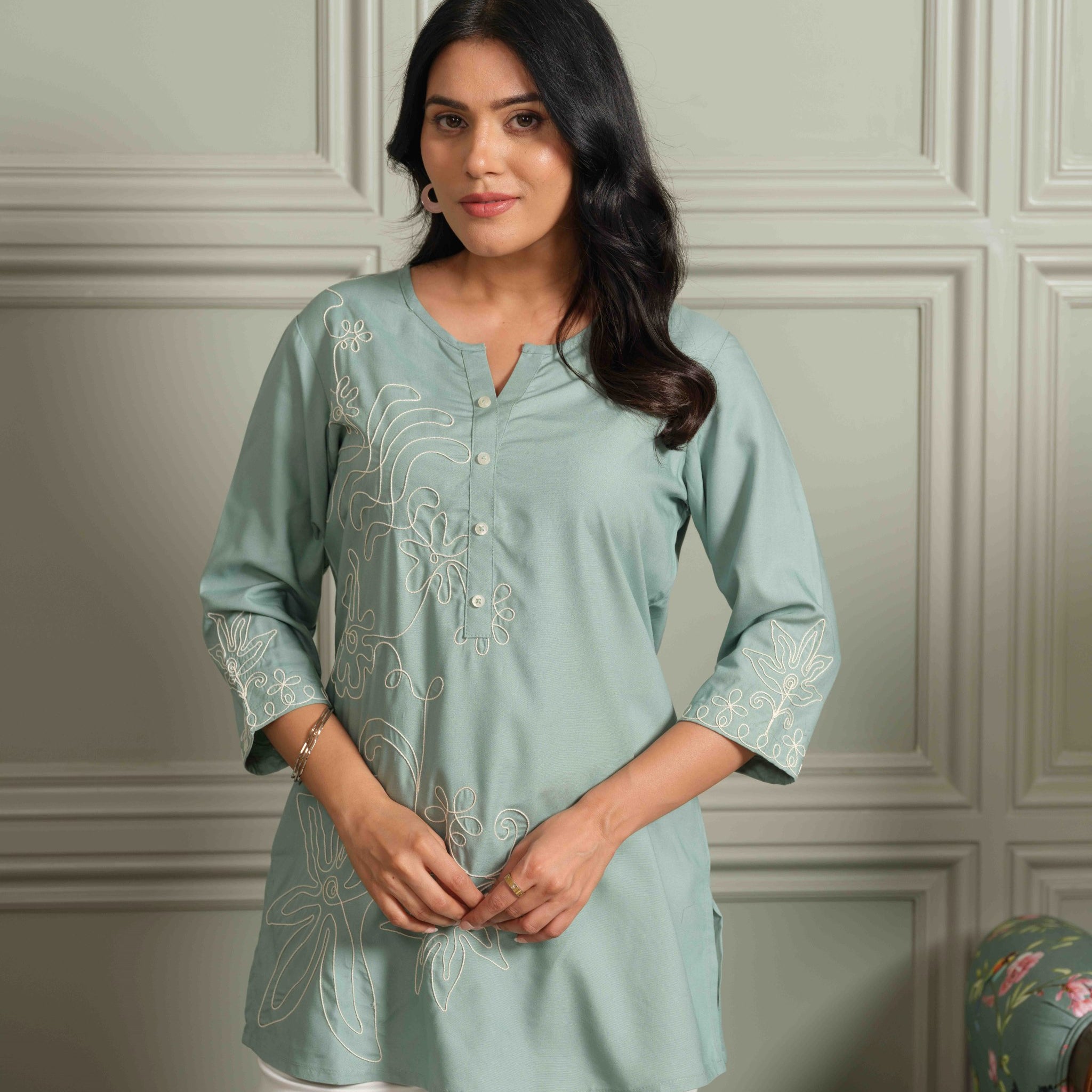 Wool Embroidered Green Short Top - Etiquette Apparel 