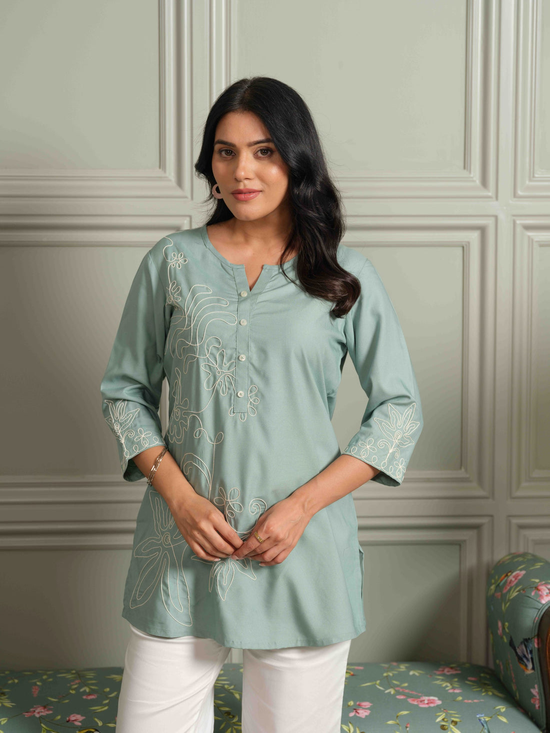 Wool Embroidered Green Short Top - Etiquette Apparel 