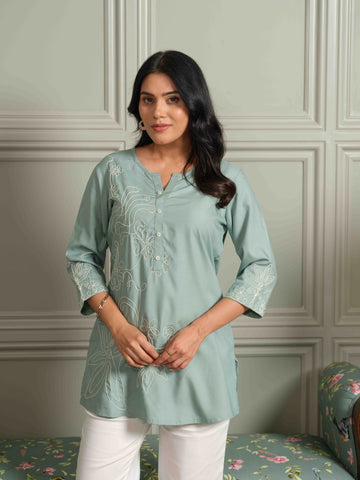 Wool Embroidered Green Short Top - Etiquette Apparel 