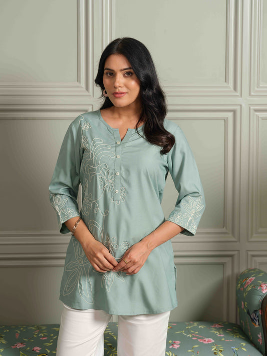 Wool Embroidered Green Short Top - Etiquette Apparel