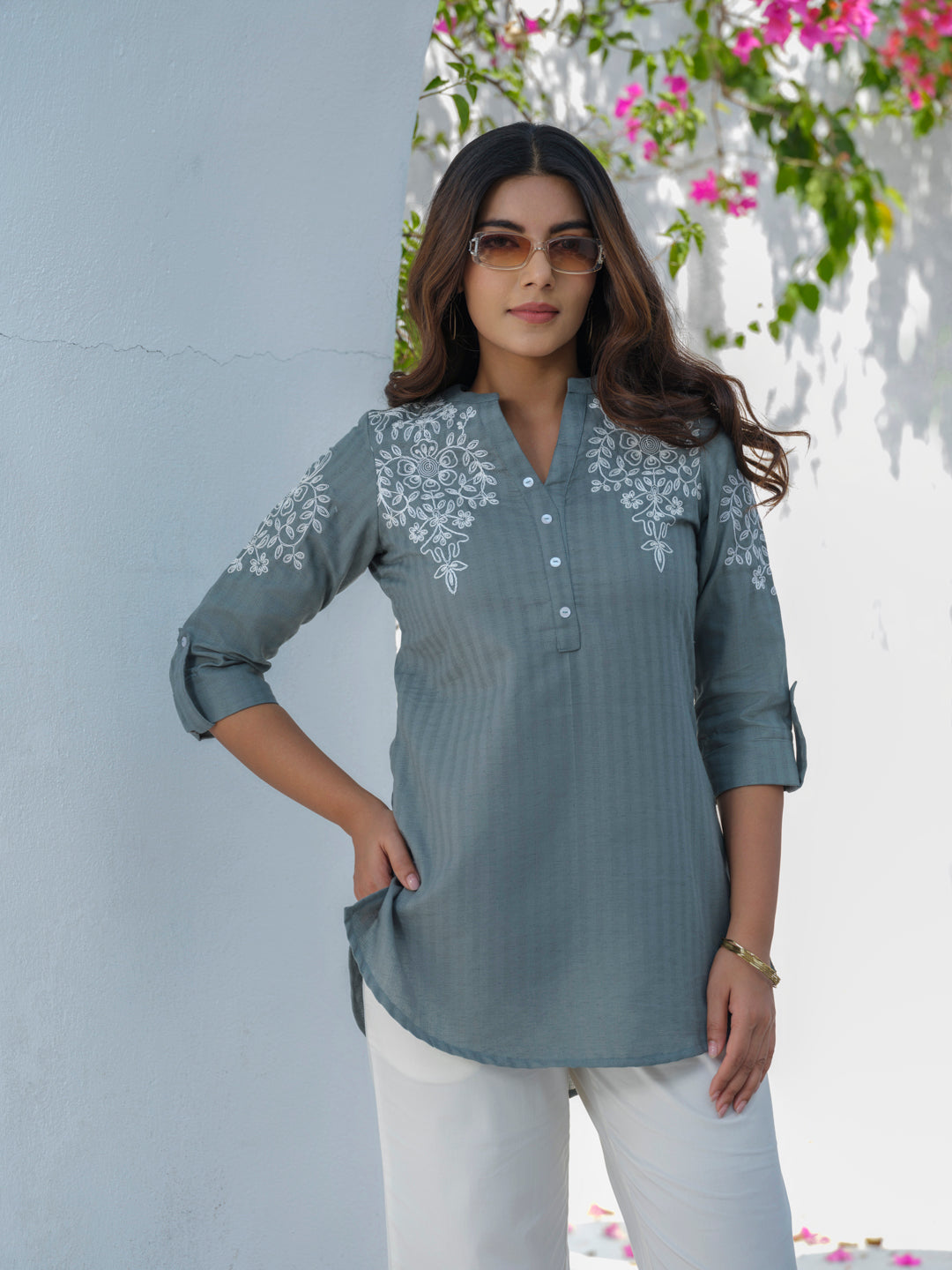 Self Textured Dori Embroidered Top