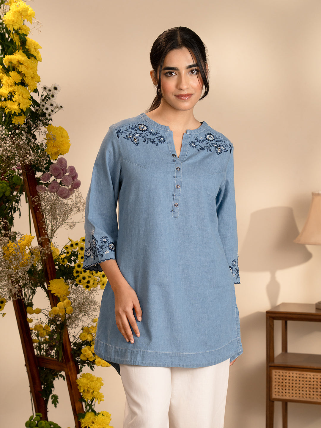 Delicate Cutwork Detailed Denim Indigo Top