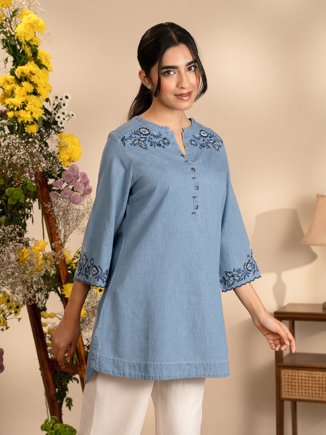 Delicate Cutwork Detailed Denim Indigo Top