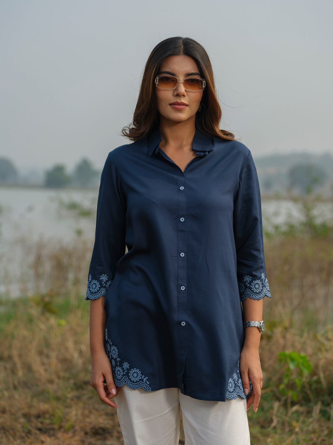Solid Colored Top With Cutwork Embroidery Details - Etiquette Apparel 