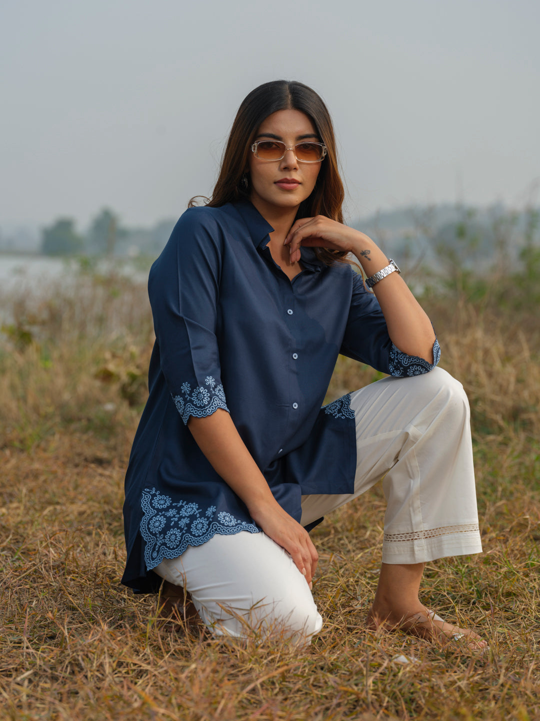 Solid Colored Top With Cutwork Embroidery Details - Etiquette Apparel 