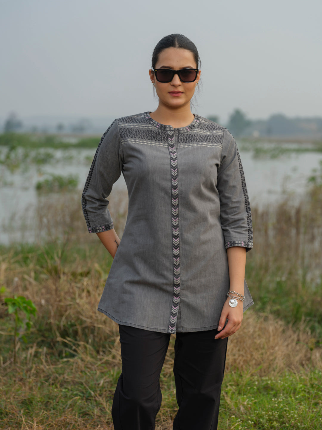 Black Denim Embroidered Top - Etiquette Apparel 