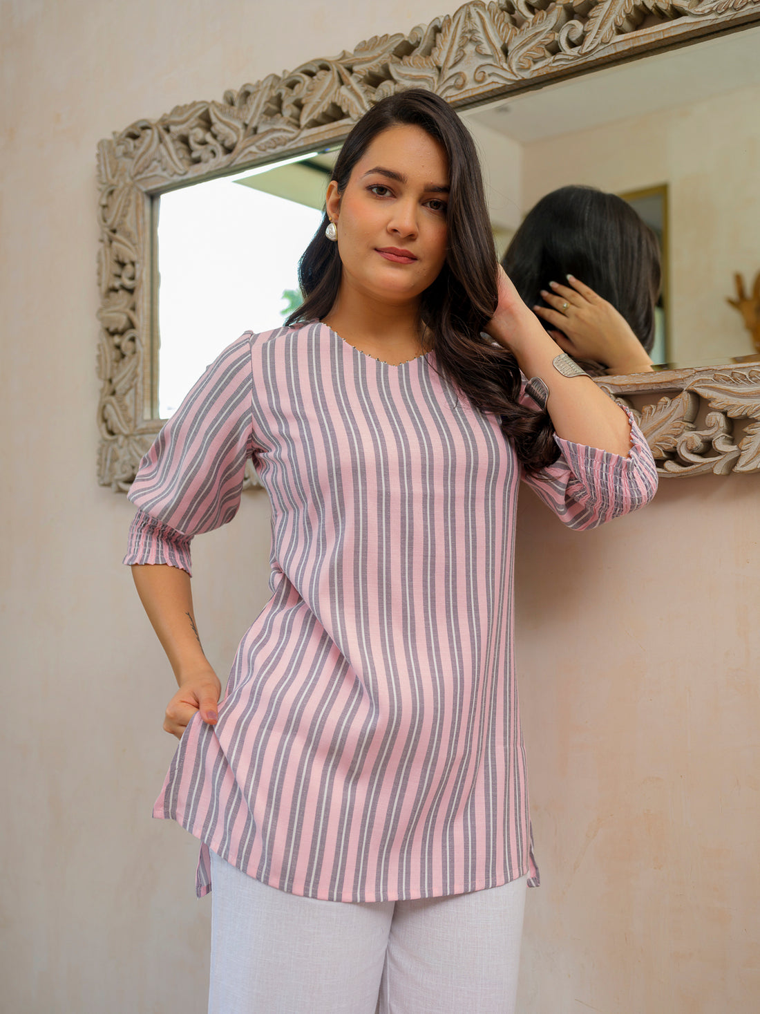 Cool Pastel Pink Stripe Smocking Top - Etiquette Apparel 
