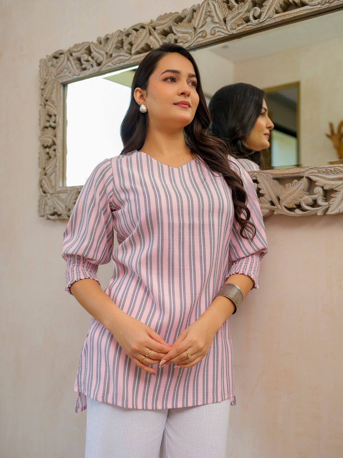 Cool Pastel Pink Stripe Smocking Top - Etiquette Apparel 