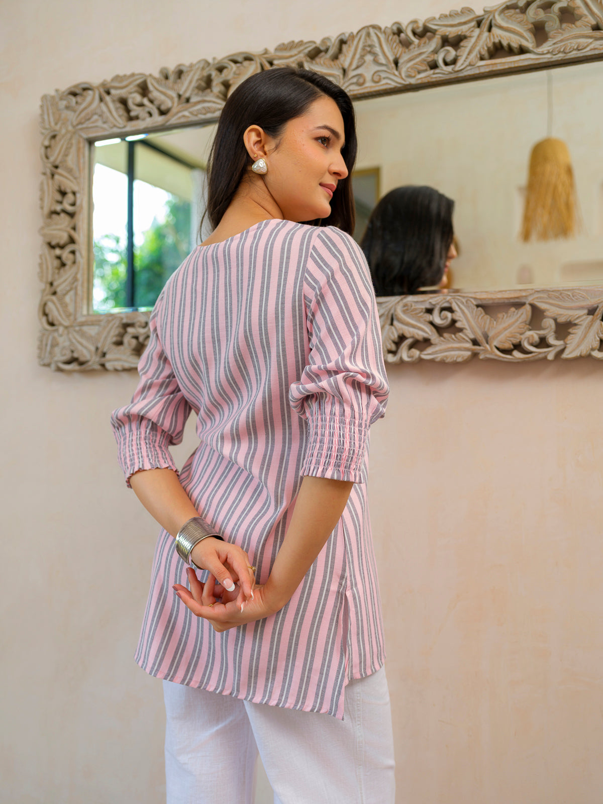 Cool Pastel Pink Stripe Smocking Top - Etiquette Apparel