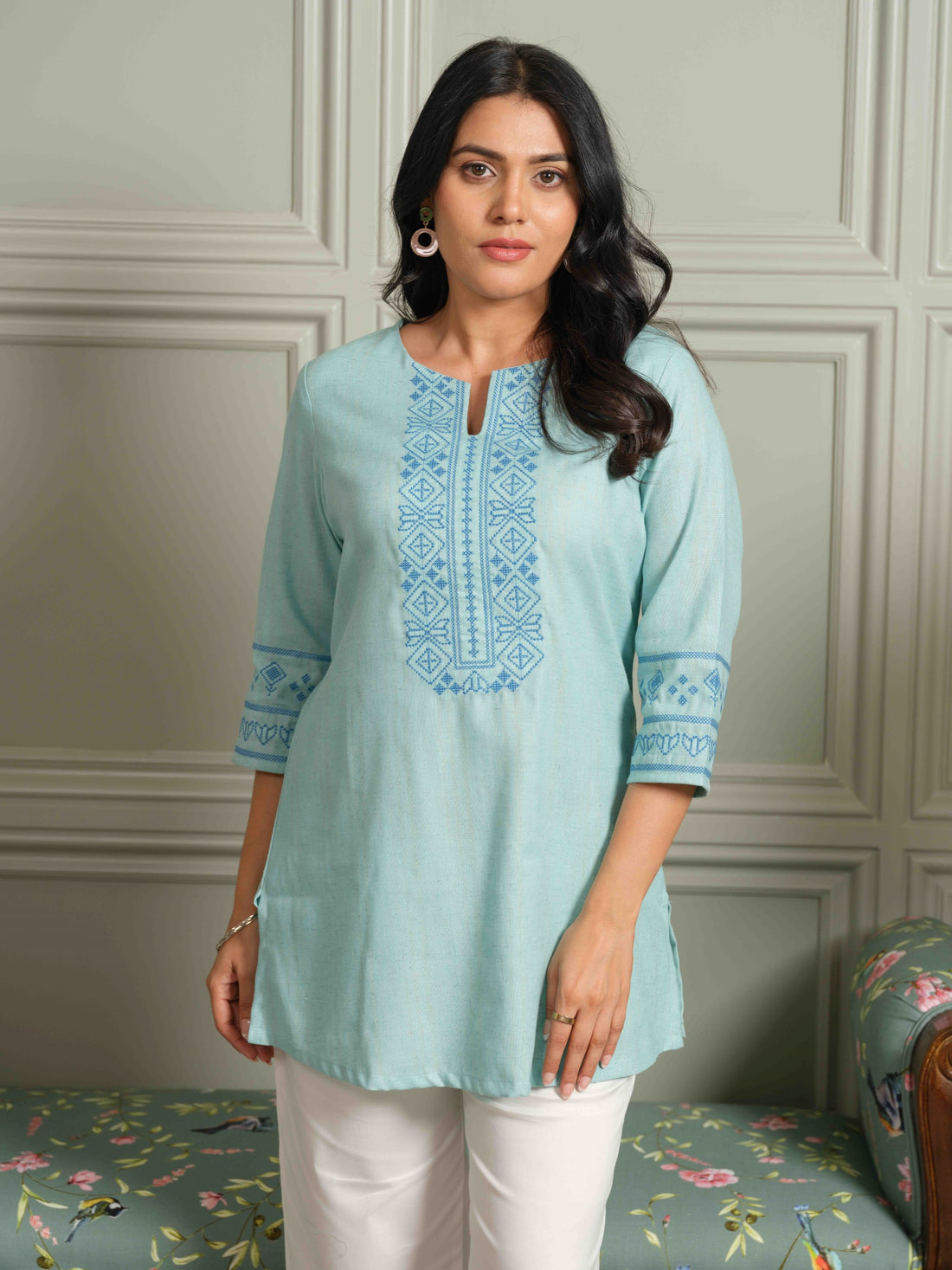 Khadi Base Inspired Cross Stitch Blue Detailed Top - Etiquette Apparel 