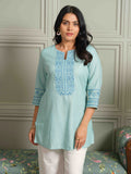 Product Carousel Image 0: Khadi Base Inspired Cross Stitch Blue Detailed Top