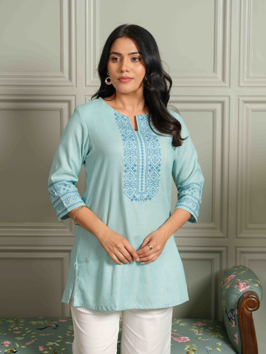 Khadi Base Inspired Cross Stitch Blue Detailed Top - Etiquette Apparel 