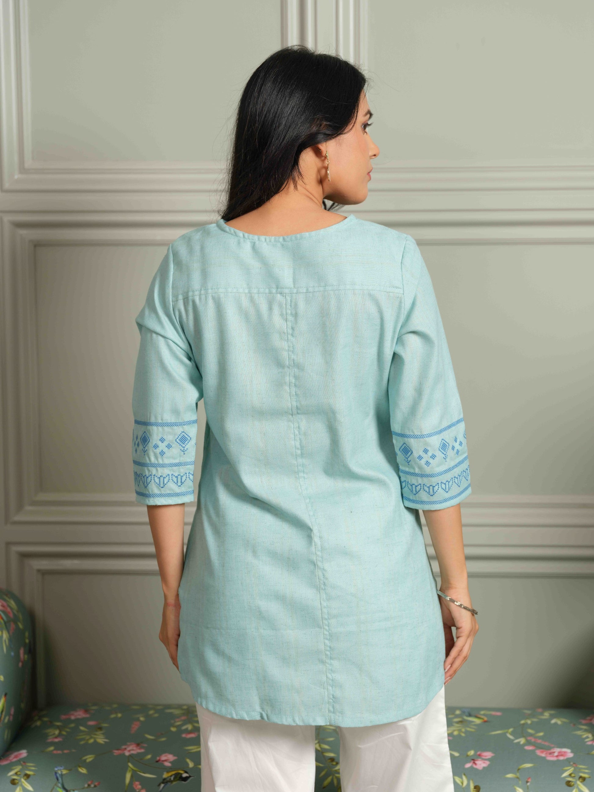 Product Carousel Image 6: Khadi Base Inspired Cross Stitch Blue Detailed Top
