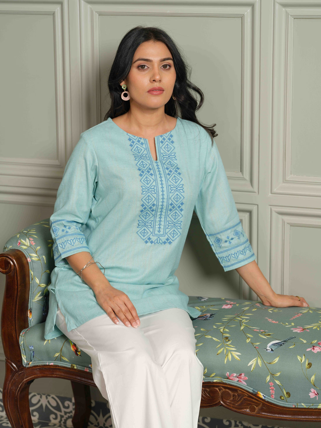 Khadi Base Inspired Cross Stitch Blue Detailed Top - Etiquette Apparel 
