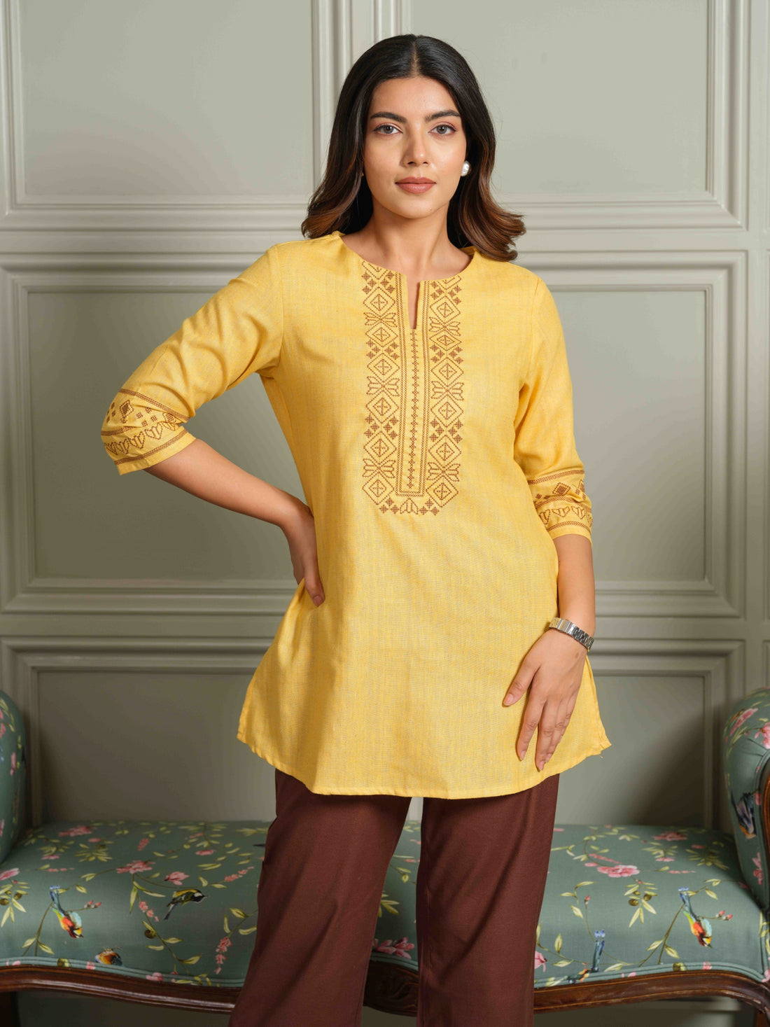 Khadi Base Inspired Cross Stitch Yellow Detailed Top - Etiquette Apparel 