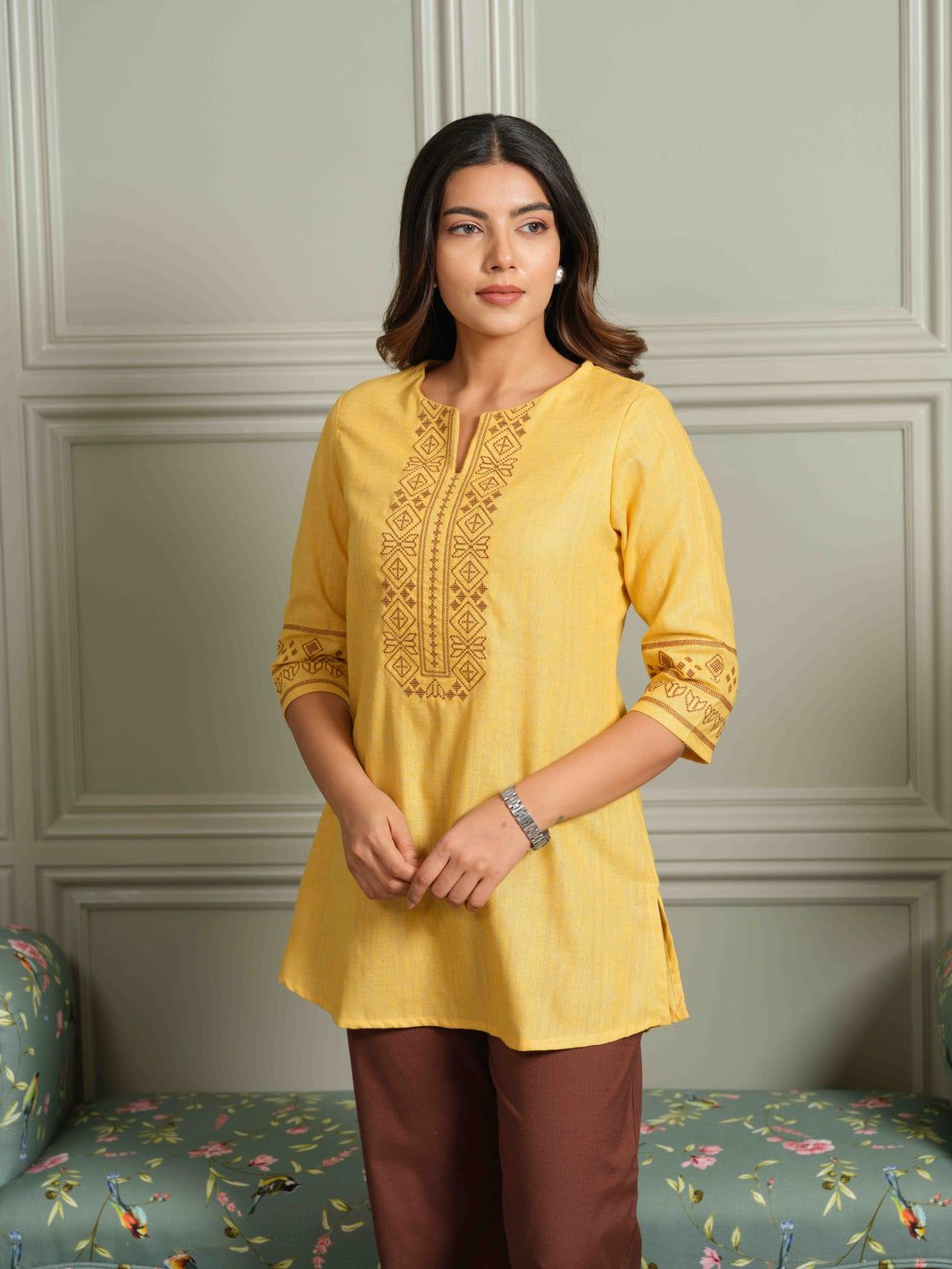 Khadi Base Inspired Cross Stitch Yellow Detailed Top - Etiquette Apparel 