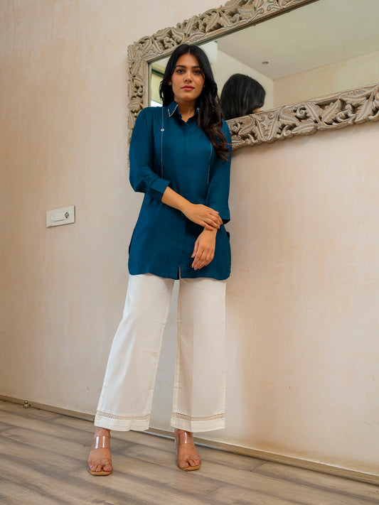Classic Solid Coloured Shirt Collar Top - Etiquette Apparel