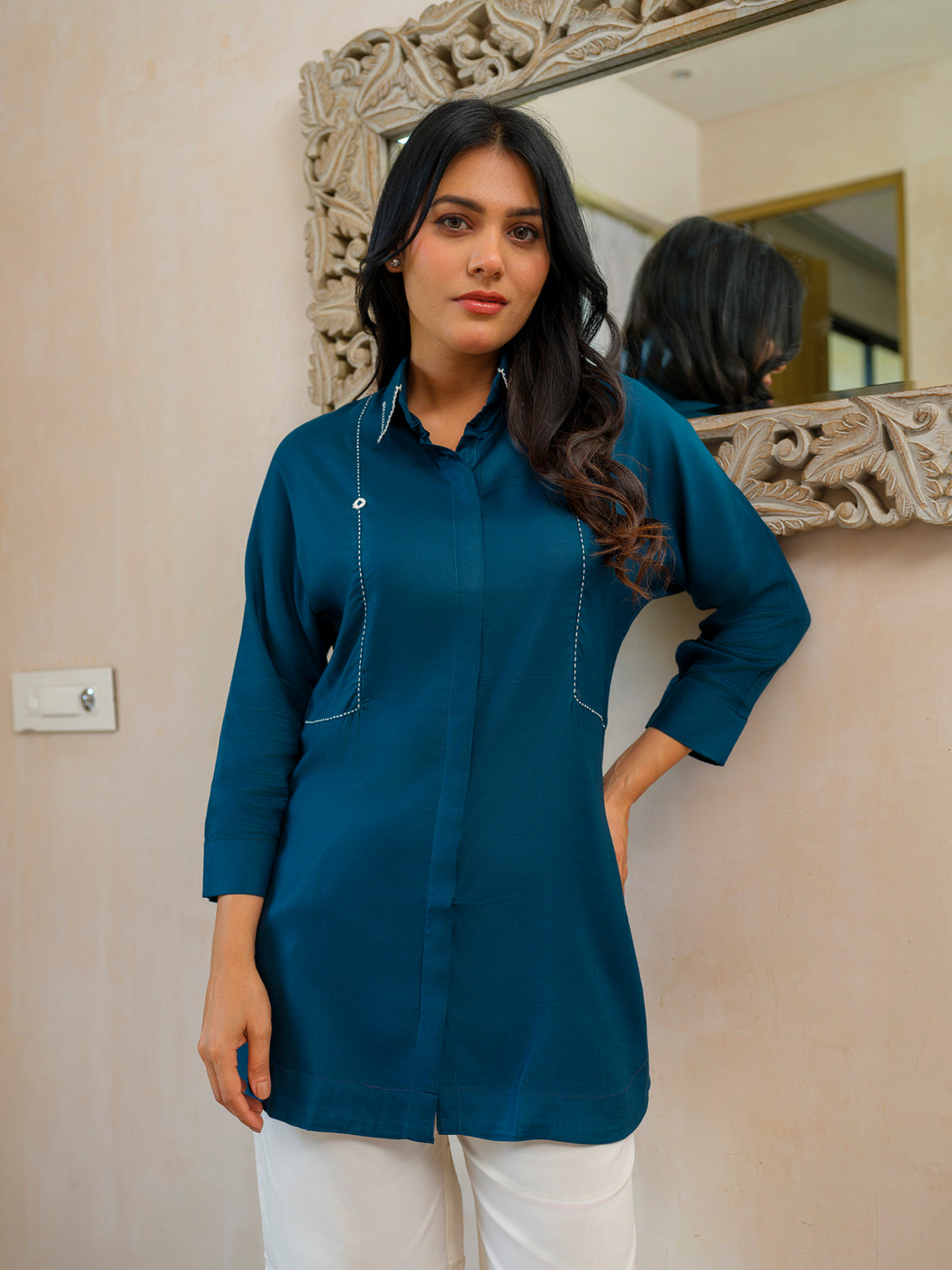 Classic Solid Coloured Shirt Collar Top - Etiquette Apparel