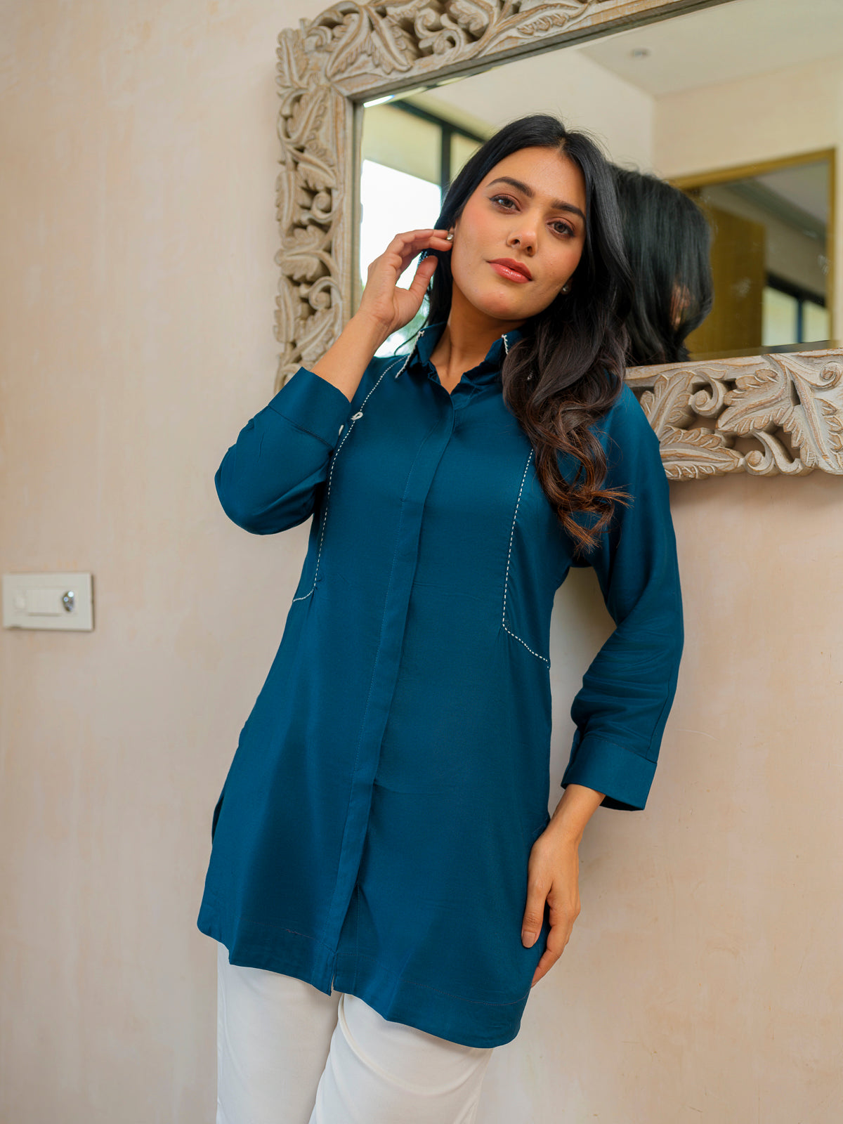 Classic Solid Coloured Shirt Collar Top - Etiquette Apparel