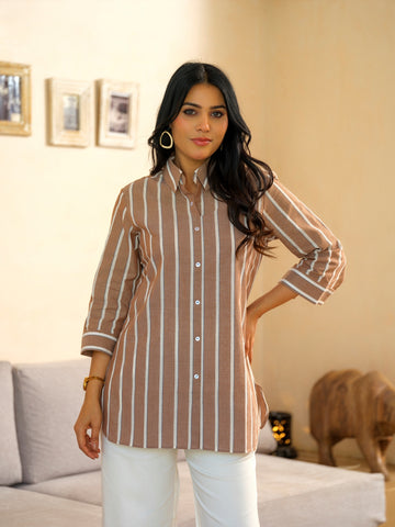 Striped Brown Cotton Top - Etiquette Apparel 