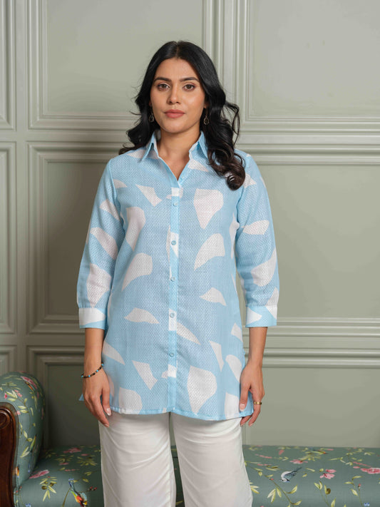 The Textured Abstract Blue Print Top - Etiquette Apparel