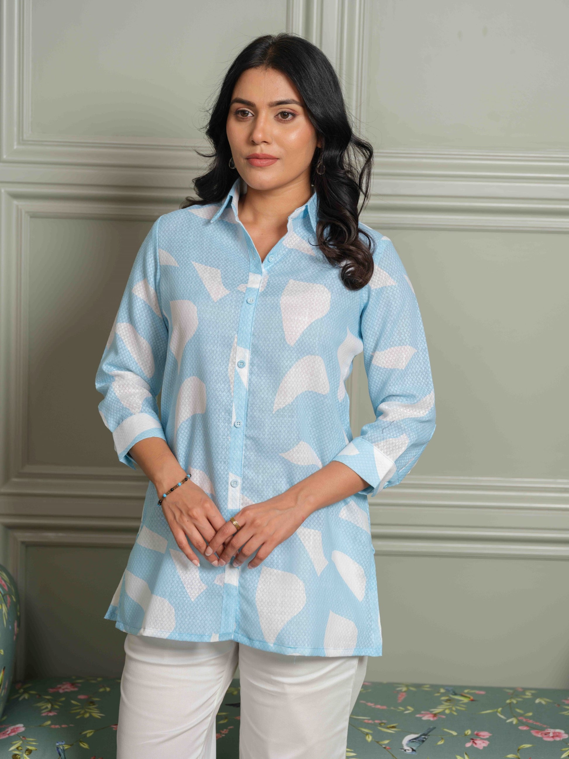 Product Carousel Image 2: The Textured Abstract Blue Print Top