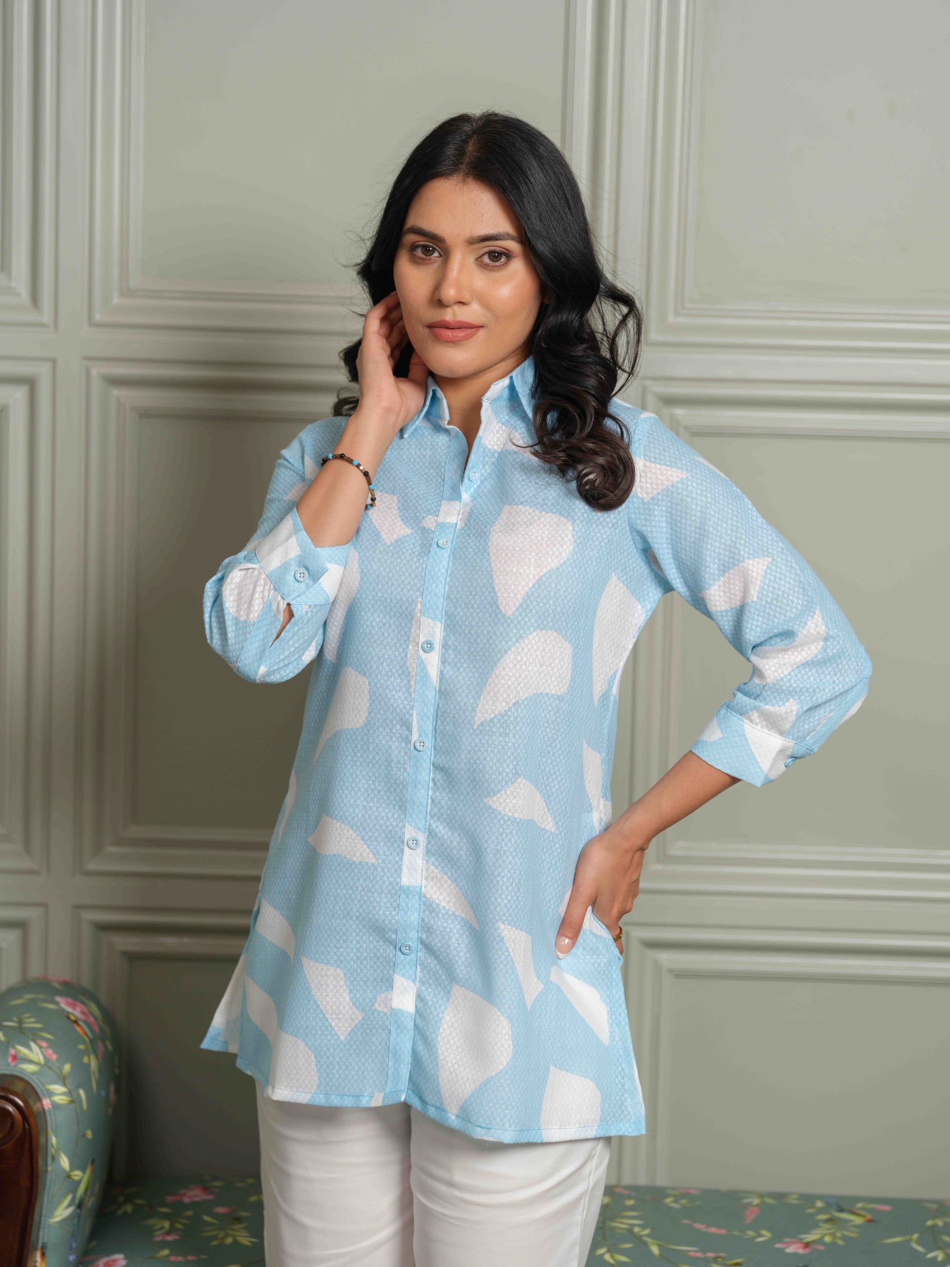 Product Carousel Image 3: The Textured Abstract Blue Print Top