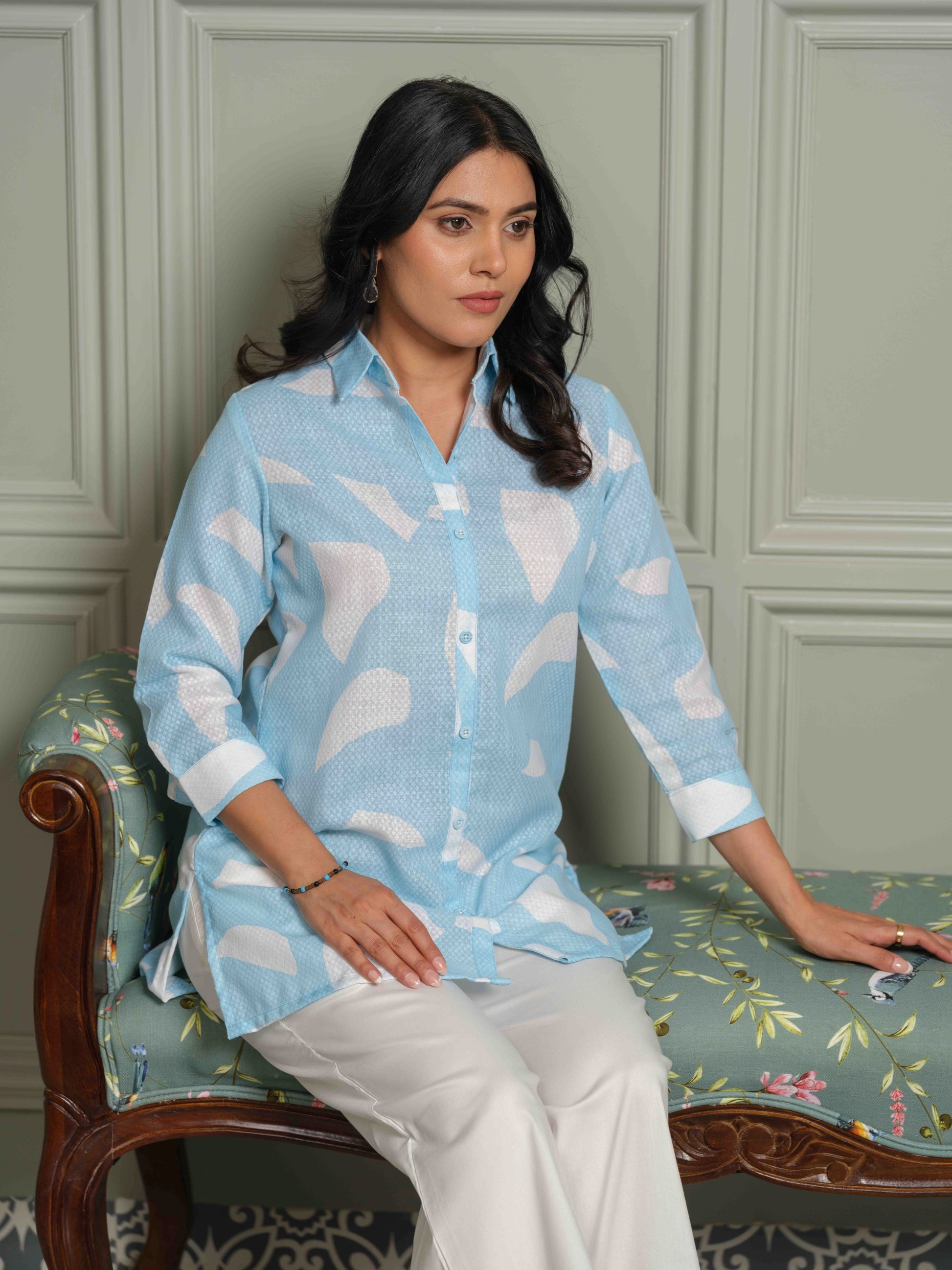 Product Carousel Image 4: The Textured Abstract Blue Print Top