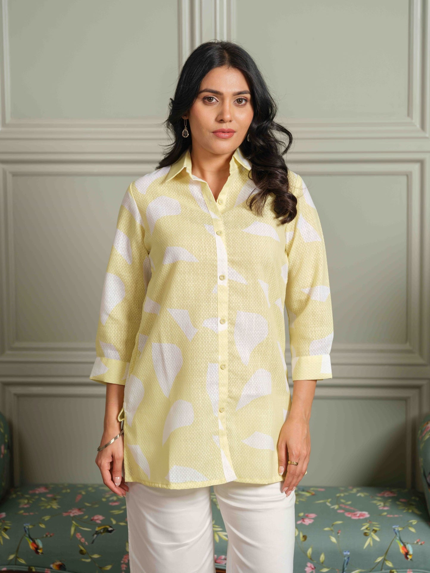 The Textured Abstract Yellow Print Top - Etiquette Apparel