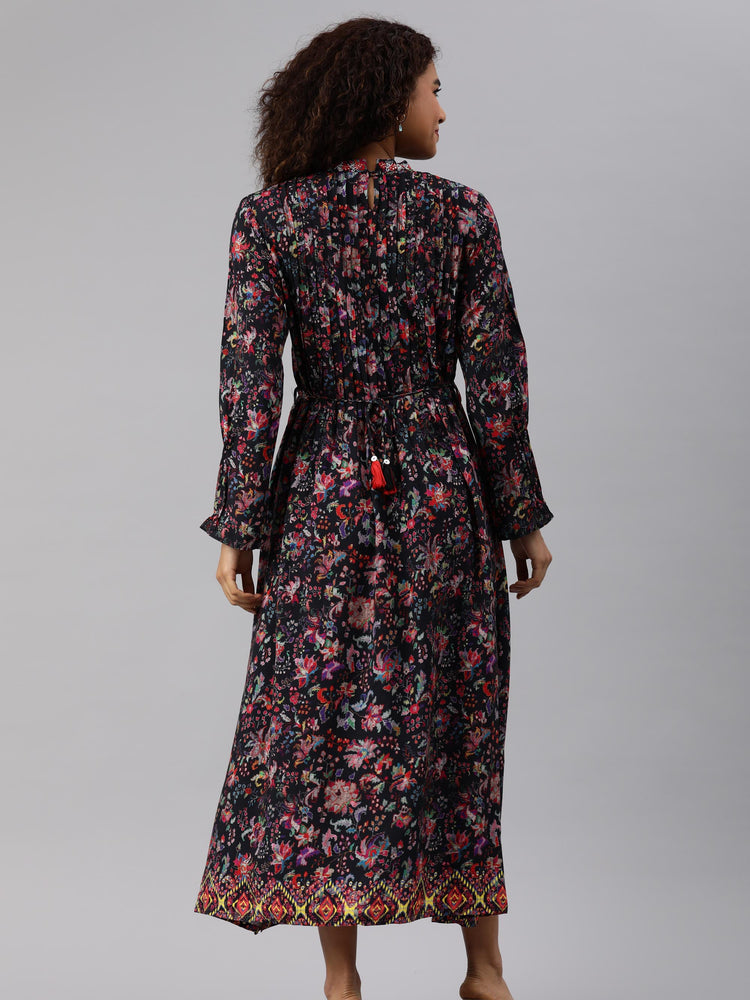 Floral print Aline dress with an embroidered belt