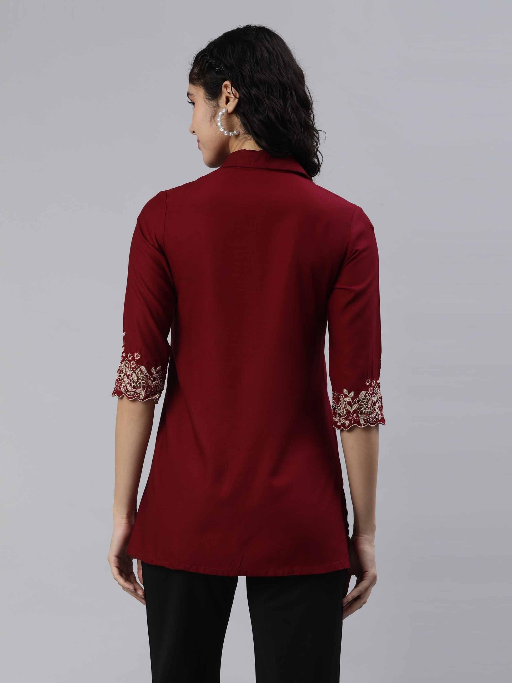 Solid Colored Top With Cutwork Embroidery in Front and Sleeves - Etiquette Apparel