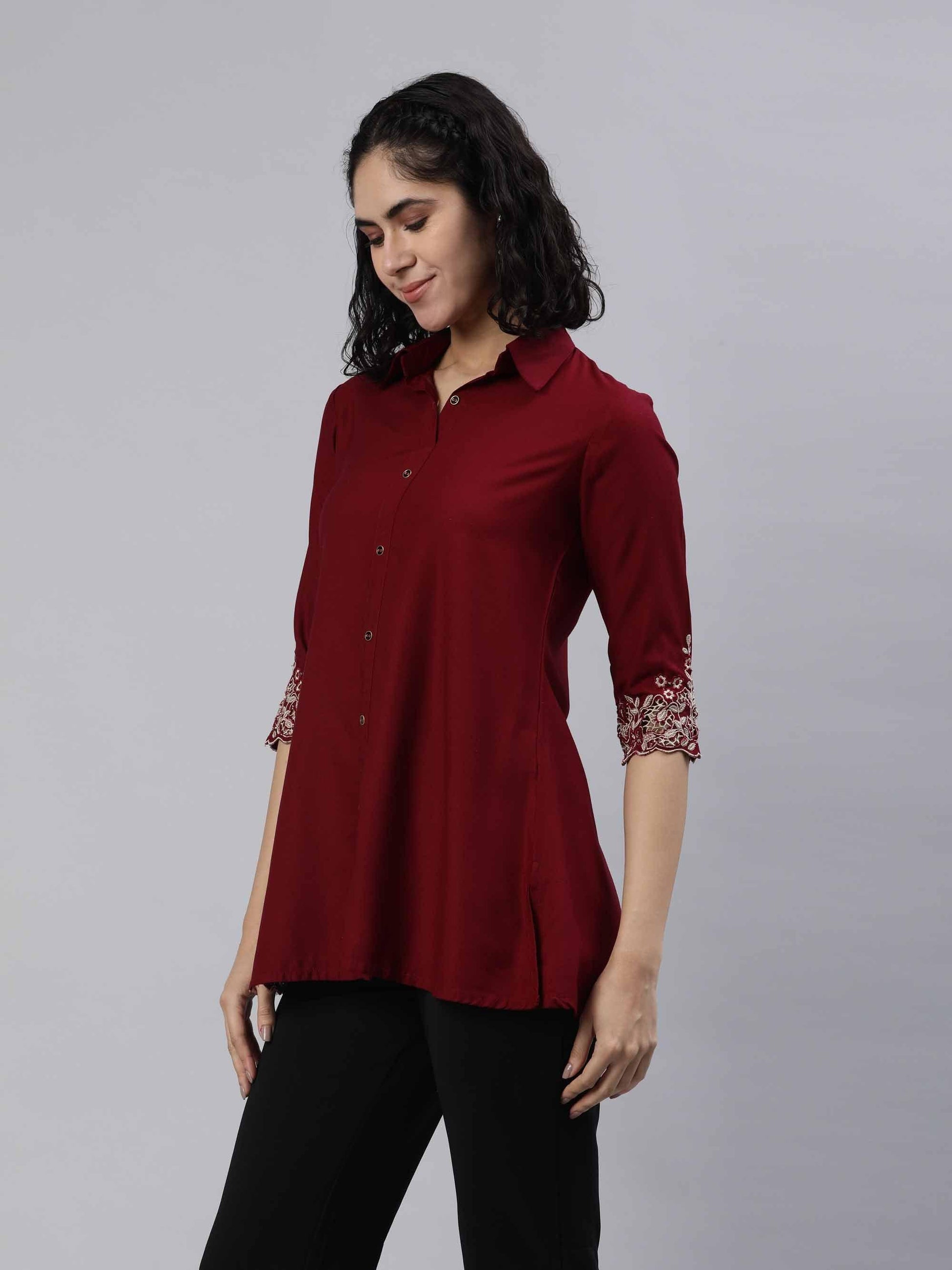 Solid Colored Top With Cutwork Embroidery in Front and Sleeves - Etiquette Apparel