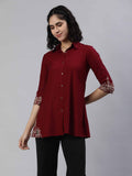 Solid Colored Top With Cutwork Embroidery in Front and Sleeves - Etiquette Apparel