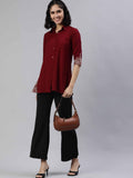 Solid Colored Top With Cutwork Embroidery in Front and Sleeves - Etiquette Apparel