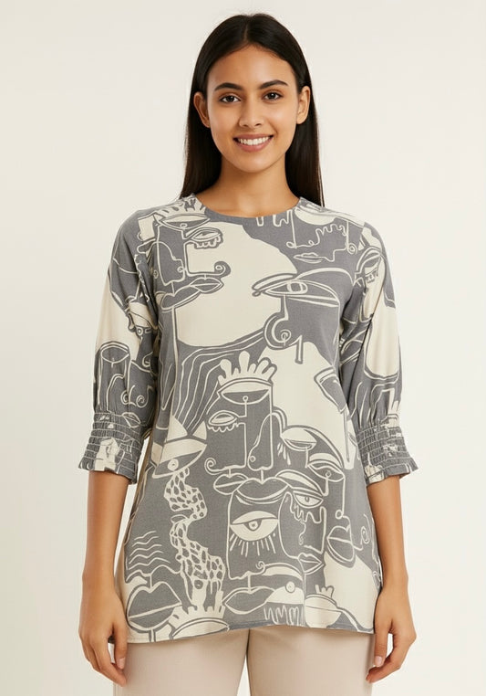 Face Print Smocking Top - Etiquette Apparel