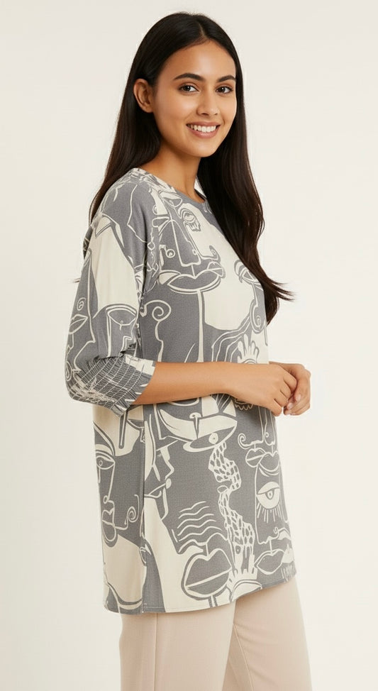 Face Print Smocking Top - Etiquette Apparel