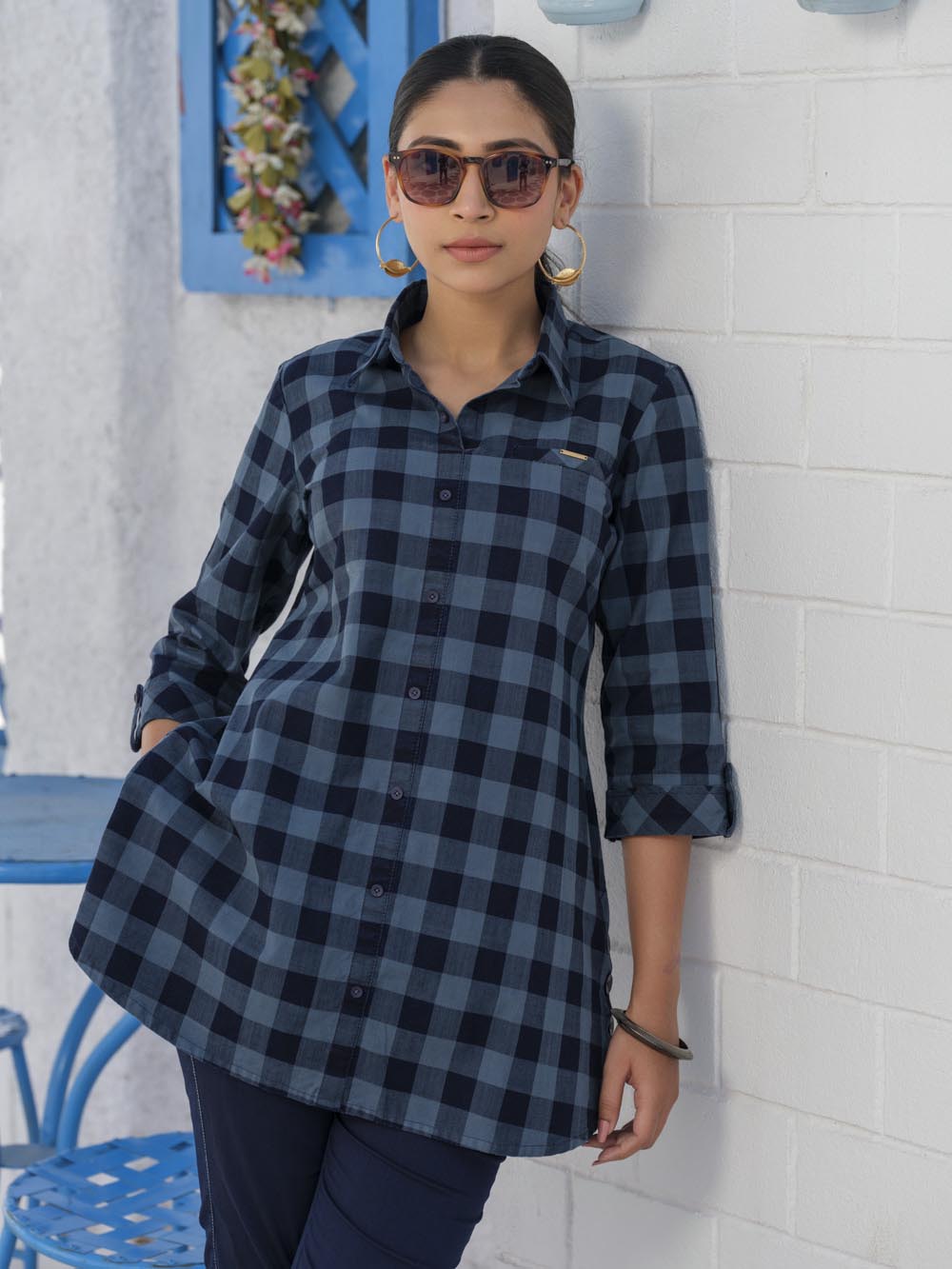 Indigo denim checks top - Etiquette Apparel 