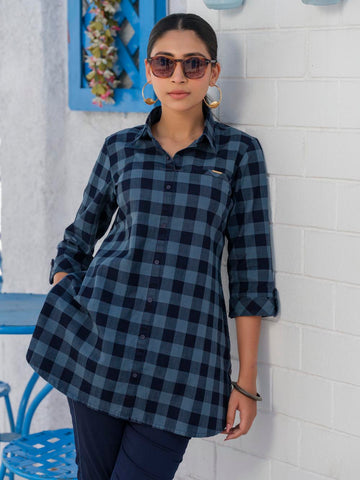 Indigo denim checks top - Etiquette Apparel 